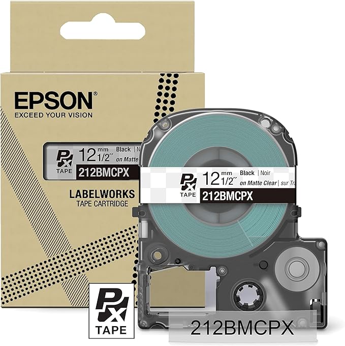 Epson LABELWORKS 212BMCPX Genuine PET (Polyester) Tape Cartridge - Black on Matte Clear Designer Craft Label Maker Tape - 1/2" (12MM) Wide, 26'