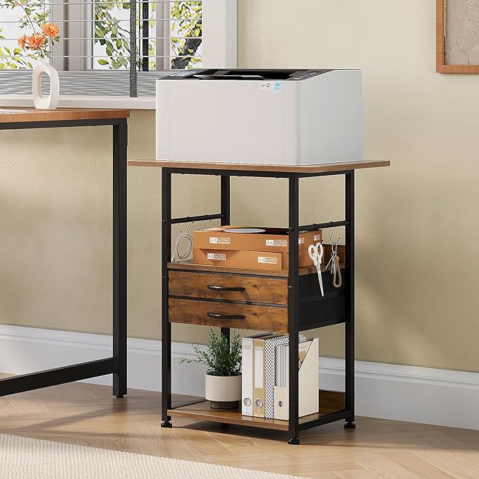 Large Printer Stand with Storage Fabric Drawer Under Desk Printer Table with Wheels for Home Office, Printer Cart fit Fax Machine Scanner (Rustic Brown, 3 Tiers)