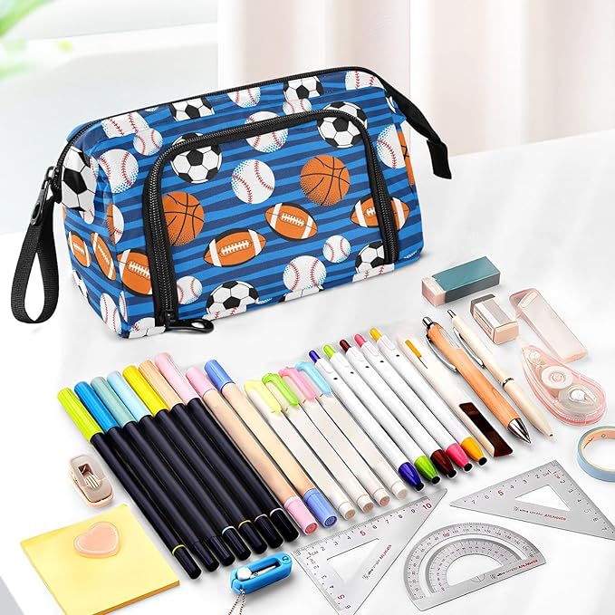 Soccer Balls Blue Pencil Case Pouch Big Capacity Pencil Bag Box Organizer Pen Case with Handle Stationery Organizer for Kids Boys Girls Women College Office
