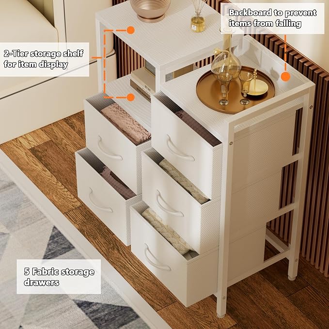 Furnulem 5 Drawer White Dressers for Bedroom 2 Tier Shelf Storage Small Fabric Dresser for Closet Sturdy Metal Frame Modern Style Storage Cabinets Organization Units for Hallway Rooms