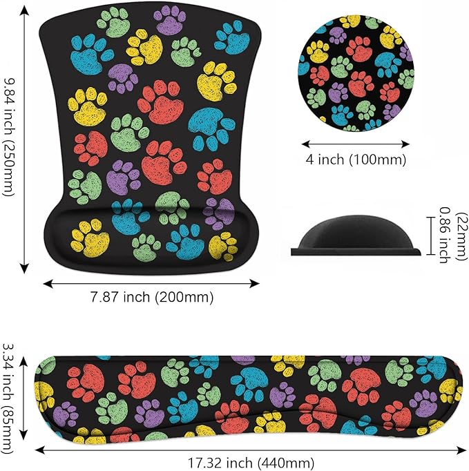 Keyboard Wrist Rest and Mouse Pad Wrist Support Set with Coasters, Non-Slip PU Base Ergonomic Gaming Mousepad for Computer Laptop Home Office Easy Typing & Pain Relief, Colorful Dog Paw Print