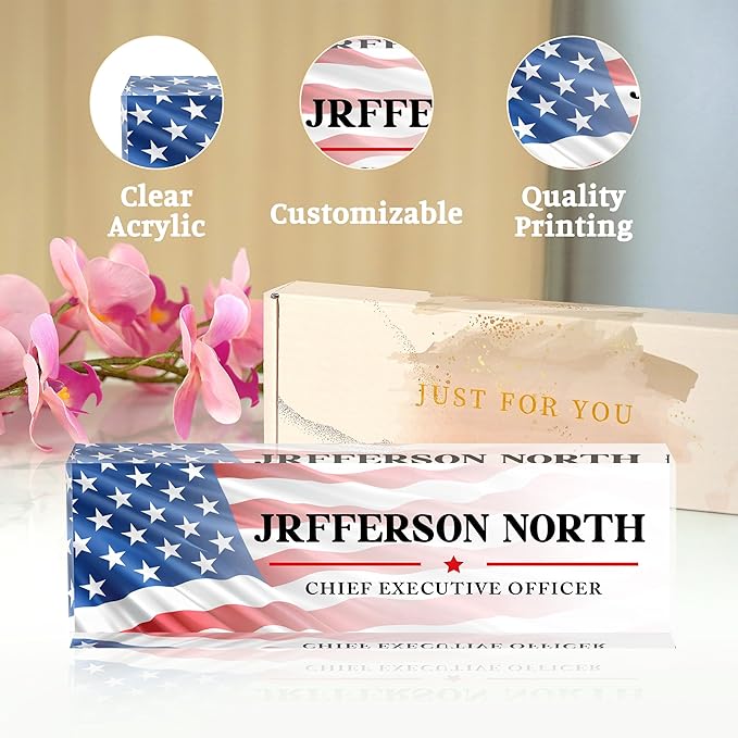 Name Plate for Desk - Personalized Acrylic Name Plate - US FLAG 1 - Small - Professional Style - Office
