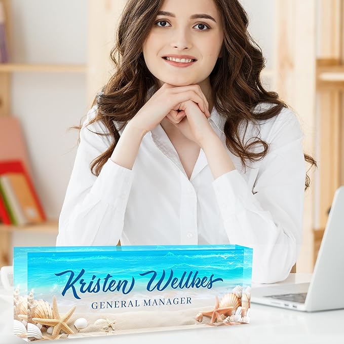 Personalized Office Name Plate, Custom Name Plate for Desks, Office Desk Decorations Gift for Women Men, Acrylic Desk Name Plate for Teacher Coworkers Staff Boss (Beach Date)