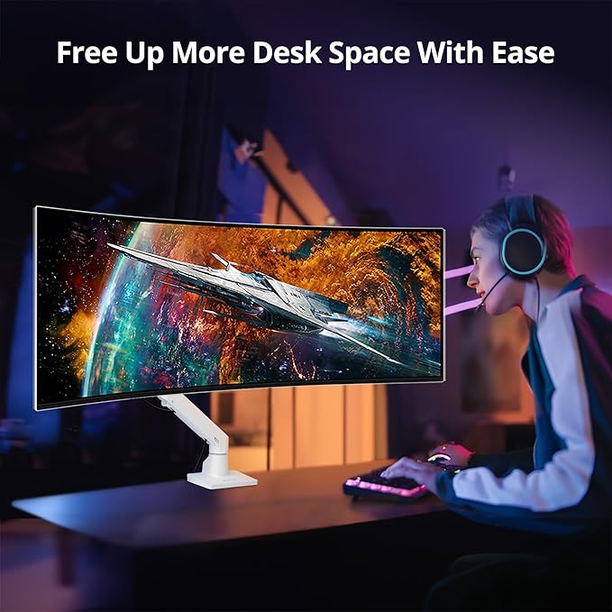 AVLT Single 34”-57” Monitor Arm Desk Mount fits One 44 lbs Heavy Duty Screen Full Motion Height Swivel Tilt Rotation Adjustable White Arm VESA 200x200 200x100 100x100 75x75