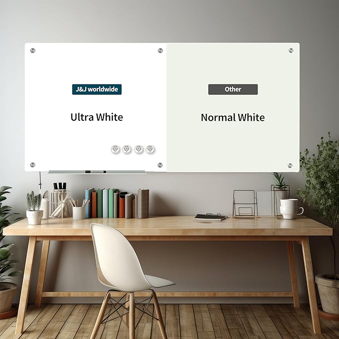 J&J worldwide Magnetic Glass Whiteboard 6' x 3' Ultra White, Large Frameless White Boards for Walls 70 x 35 Inches, Large Dry Erase Board for Office, Home, School