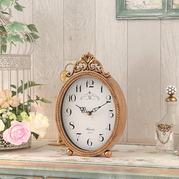 Abdurey Vintage Table Clock on Stand, Desk and Shelf Decorative Clock, French Rustic Style Antique Gold Mantel Clocks for Living Room,Farmhouse,Bedroom,Bedside,Gift Clocks
