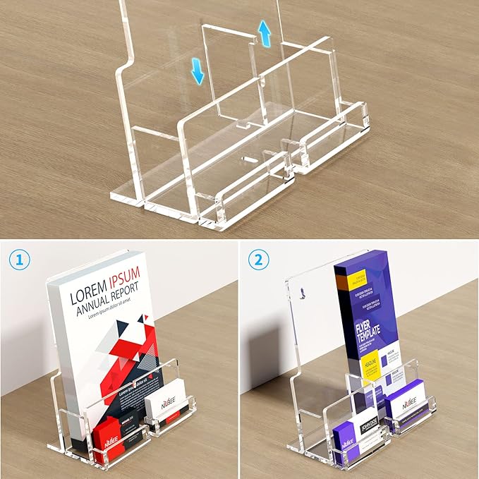 NIUBEE Acrylic Brochure Holder 8.5*11/ 4*9 inches , Clear Brochure Display Wall Mount Stand with Acrylic Business Card Holder, Plastic Flyer Display Stand for Magazine, Pamphlet, Booklets, Menu, Journals(2-Packs )