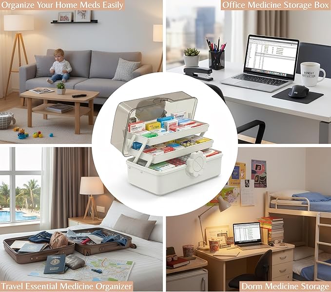 Pulseplay 3-Layer Large Capacity Medicine Storage Box - Portable Plastic Storage Box for Sewing Art Supply, Empty First Aid Kit with Handle for Home Office and Travel