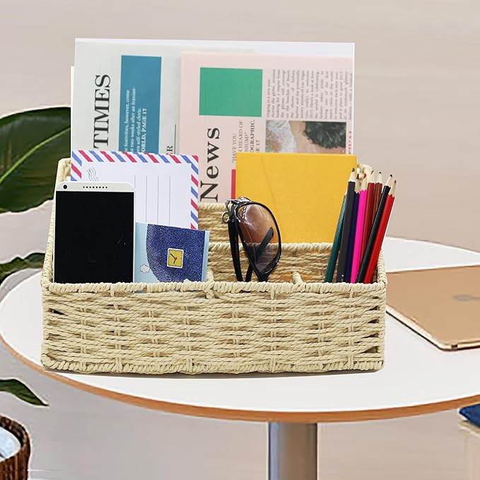 Rattan Mail Organizer - Countertop, Desk, Bills, Woven Basket, Magazine Holder, Mail Sorter, Hobo Organizer，Beige