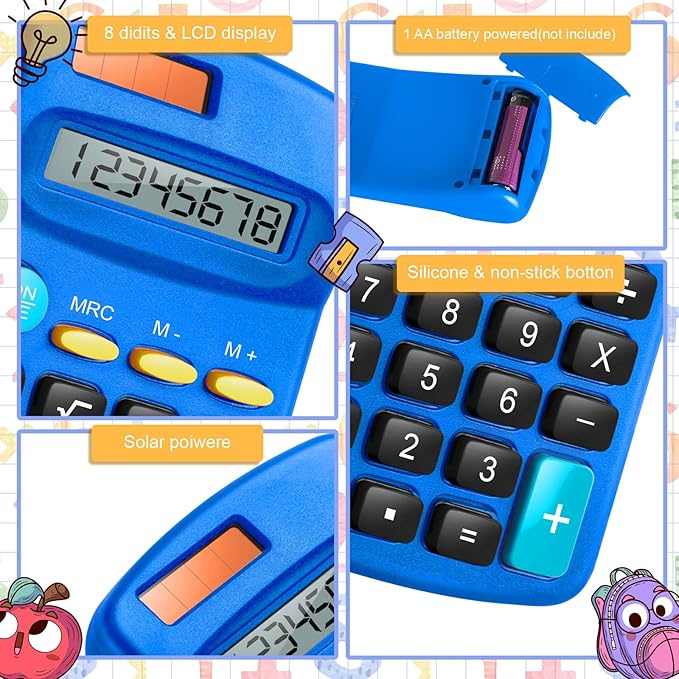 24 Packs Pocket Size Mini Blue Calculator Basic Calculators for Handheld Angled Students 8 Digit Display Solar Battery Dual Power Small Calculator for Students Kids Home Office