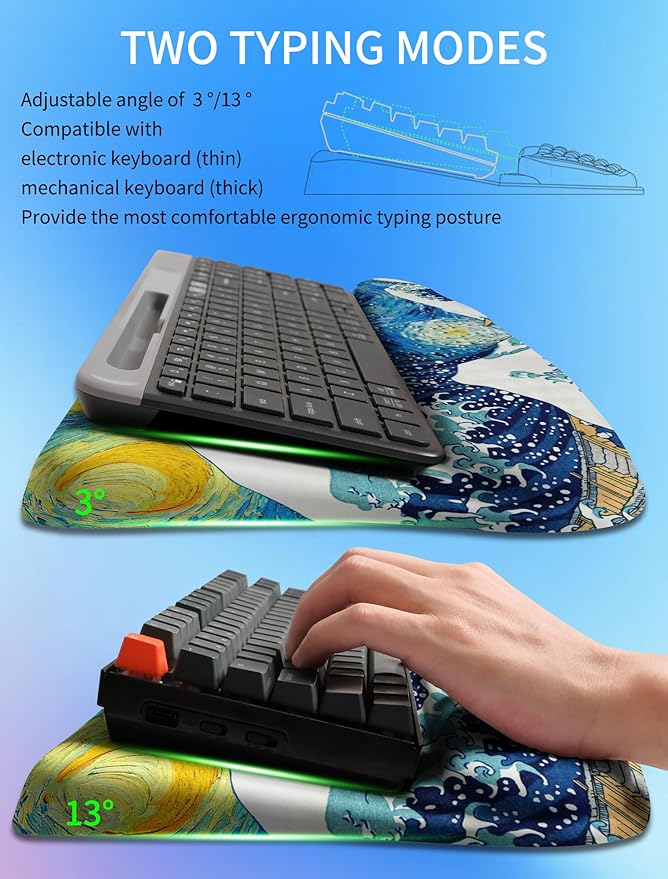 Ergonomic Wave Wrist Rest with Keyboard Stand, Cushioned Palm Rest, Comfortable Integrated Memory Foam for Natural Typing and Relieve Wrist Pain, Starry Night Waves
