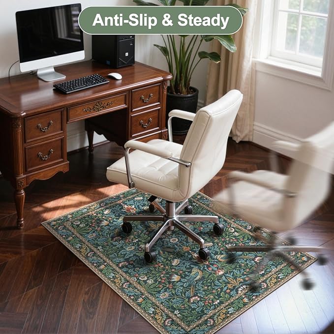 Anidaroel 36"x48" Office Chair Mat for Hardwood Floor/Tile Floor, Vintage Desk Rug for Office, Anti-Slip Office Rugs for Rolling Chairs, Low Pile Offices Chair Rug,Navy Blue Floral Bird