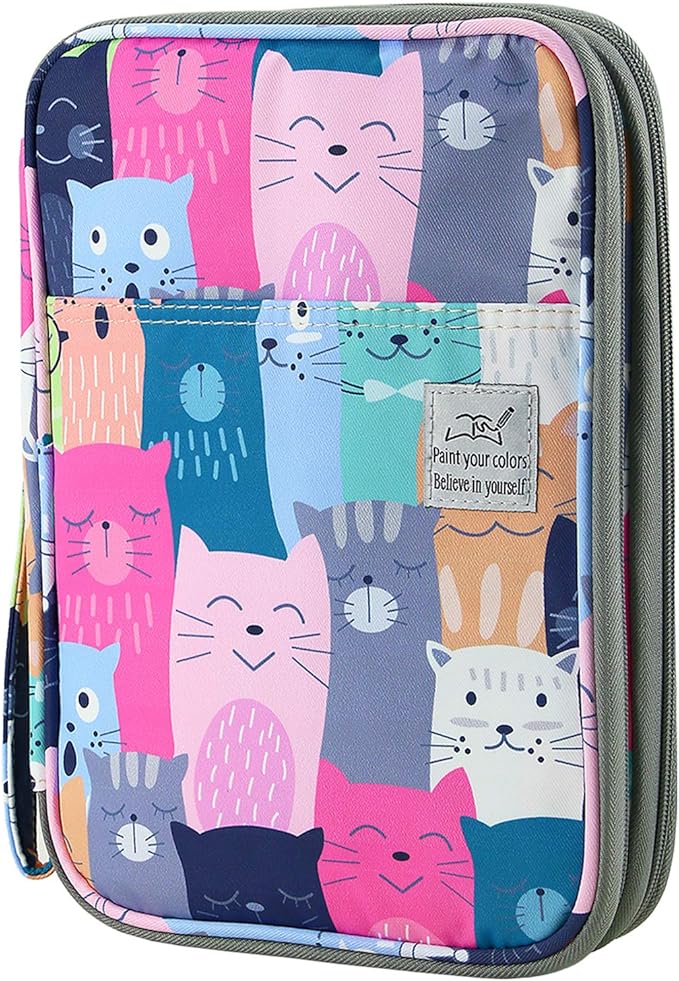 YOUSHARES 192 Slots Colored Pencil Case, Large Capacity Pencil Holder Pen Organizer Bag with Zipper for Prismacolor Watercolor Coloring Pencils, Gel Pens for Artist (Learning Cat)
