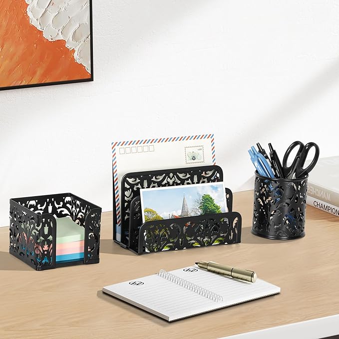 EasyPAG Desk Organizers and Accessories 3 Pieces Office Organizer Set - Pen Holder for Desk, Mail Sorter Countertop and Sticky Note Holder, Black