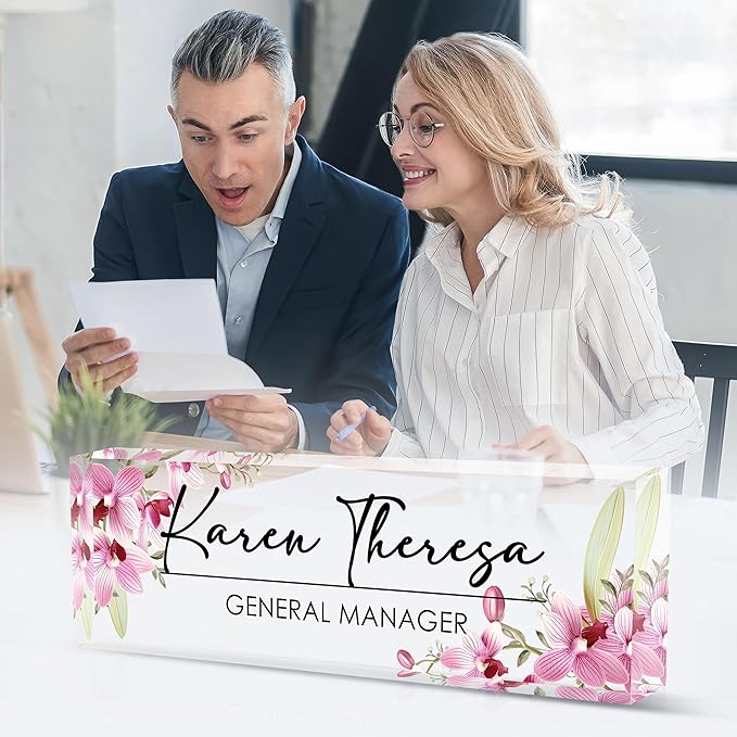 Custom Office Name Plate, Personalized Gifts for Women & Employees, Office Desk Accessory (Pink Orchid)