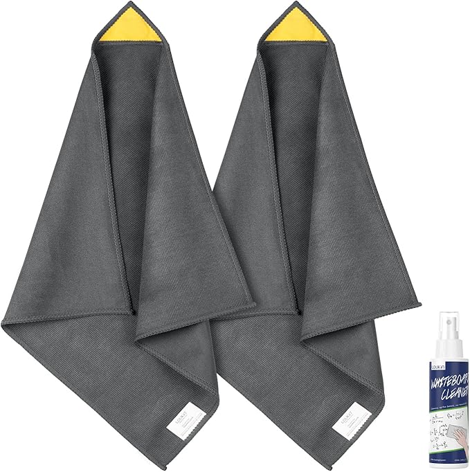 loukin 2 Pack Magnetic Whiteboard Cleaning Cloth, Dry Erase Cleaning Cloth for Classroom, Home and Office Use, Reusable & Washable, Gray, 12" x 12", 1 Bottle of 3.4 fl oz Whiteboard Cleaner Included