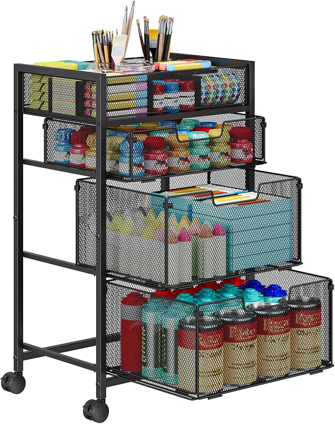 4-Tier Rolling Utility Cart with 3 Drawers, Craft Organizer and Storage with DIY Divider, Art-Craft Supplies with Caster Wheels, Multi-Functional Storage for Classroom, Office, Paints, Artifacts