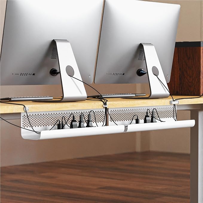 KHAMAL Cable Management Under Desk 52PCS - Cable Management Tray Kit Ventilated Hexagonal Design with Cable Clips, Wire Ties, Cord Holder & Screws for Office, Home - 4 White Sets