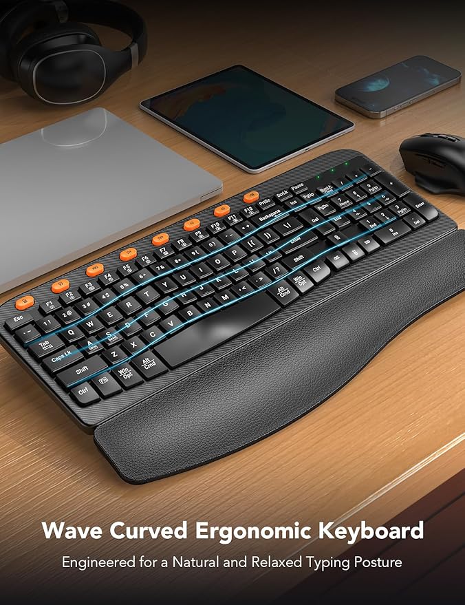 Wireless Keyboard and Mouse Combo, Ergonomic Wave Keys, Cushioned Plam Rest, Comfortable Silent Natural Typing, 2.4G Lag-Free, Full Size Keyboards Cordless Set for Multi-OS, Windows/Mac -SABLUTE