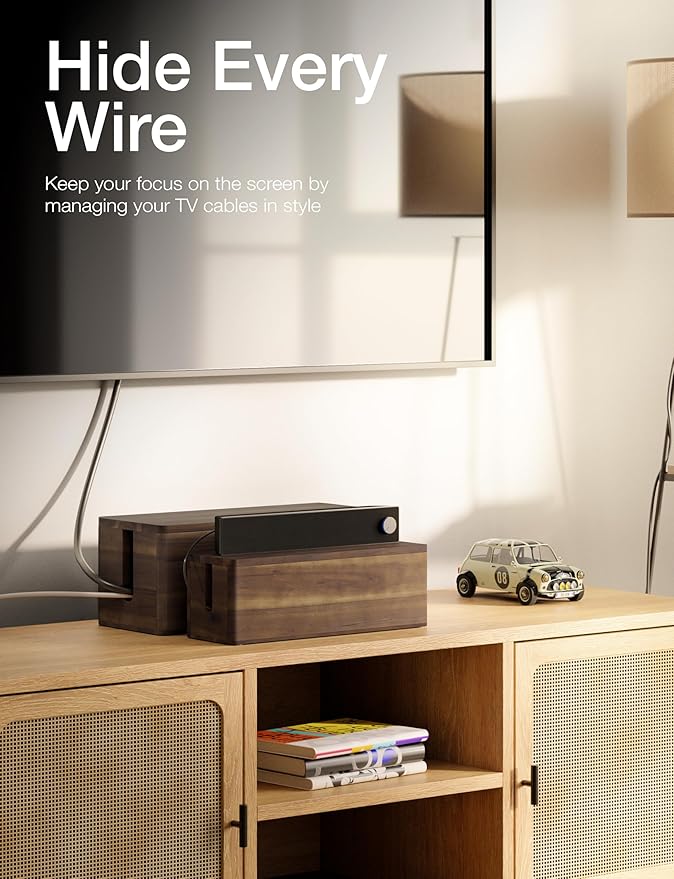 Acacia Large Cable Management Box - Set of 2 Cord Box Hider for Office - Cable Hider Box, Surge Protector Box for TV Wires, Desk - Power Strip Box with 2 Open Slots, Magnetic Lid (Walnut color)