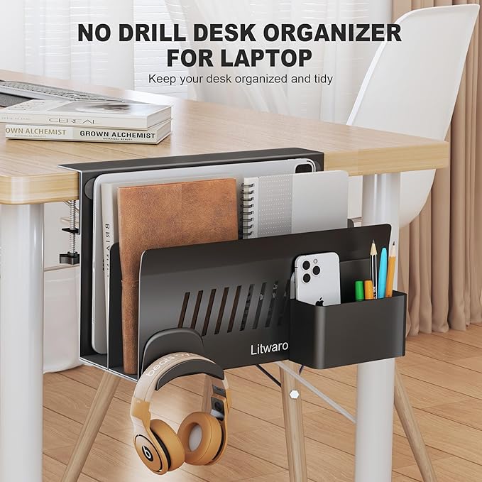 Litwaro Desk Side Storage Organizer, 2 Tier Laptop Holder Clamp on Desk Organizer, No Drill Laptop Mount with Magnetic Pen Holder, Hanging Desk Organizer Fits Flat Edge Table 0.4" to 2.1" (Black)