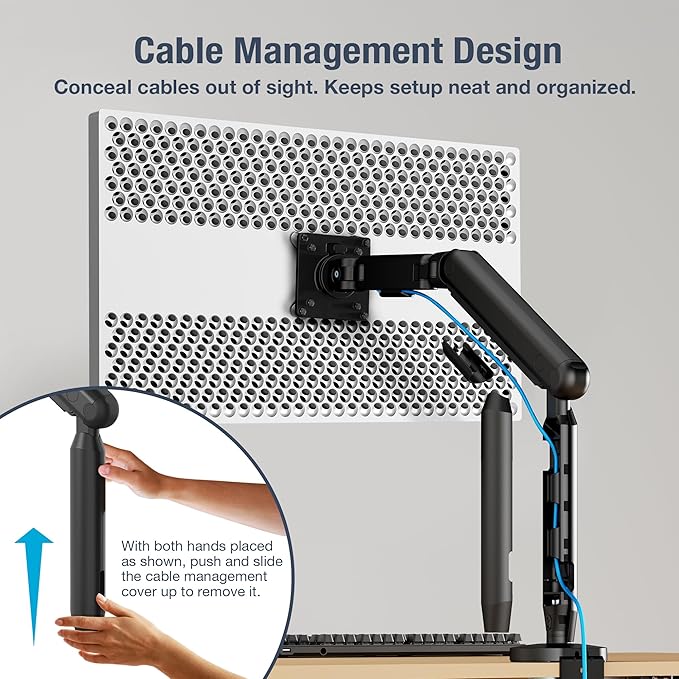 AVLT Single 17"-40" Ultrawide 3-Segment Easel Monitor Arm for Screens Up to 24.3 lbs, Aluminum Designer Stand, Adjustable Pneumatic Height, Full Motion Swivel Tilt Rotation, USB-C USB-A Ports, Black