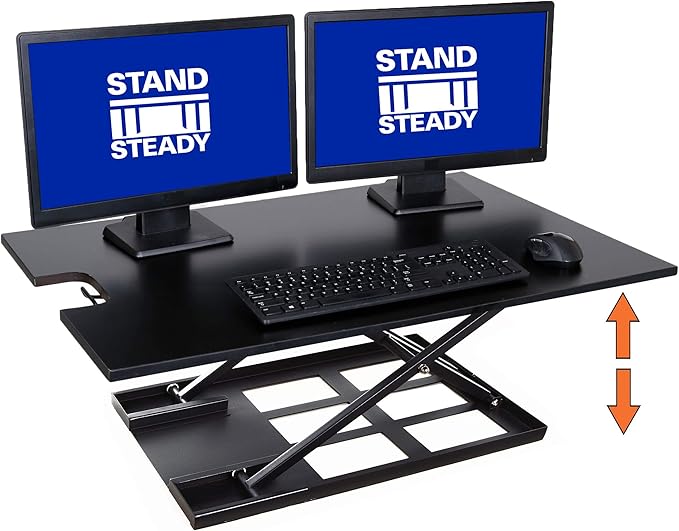 Stand Steady X-Elite Pro XL, Ergonomic Adjustable Height Standing Desk Converter, Extra Large Sit to Stand Laptop Desk Riser, Easily Fits 2 Computer Monitors, Raises Desk Height 7 to 16-inches (Black)