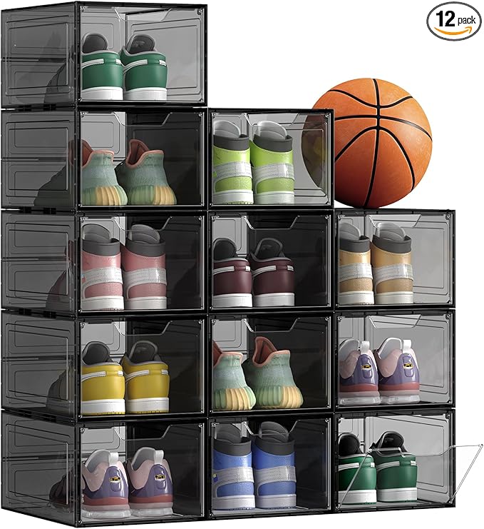 SONGMICS Shoe Boxes, Clear Shoe Organizers, Set of 12, Plastic Shoe Storage with Clear Door, Easy Assembly, up to US Size 13, Transparent Black ULSP032B12