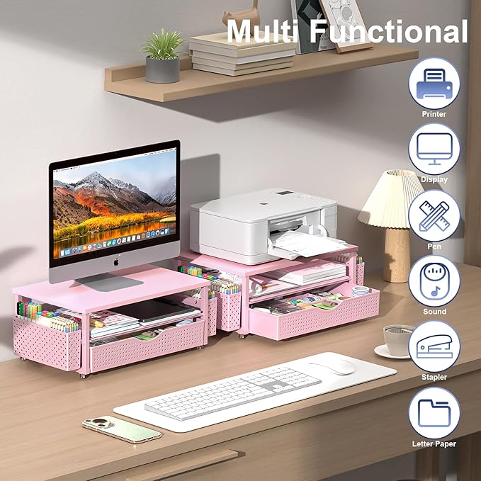 Spacrea Desk Organizer and Accessories, Computer Monitor Stand Riser with Drawer and 2 Pen Holders, Office Desk Accessories & Workspace Organizers for Office Supplies (Pink)