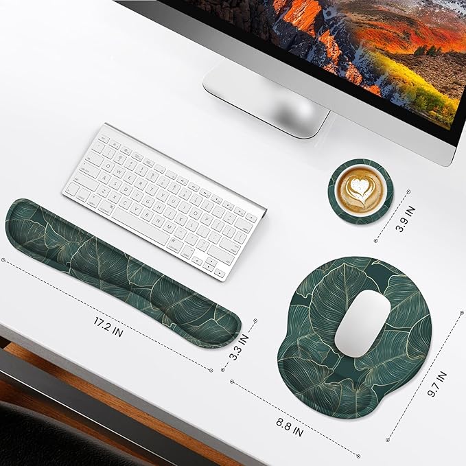 iLeadon Ergonomic Mouse Pad with Wrist Support, Easy Typing & Pain Relief, Keyboard Wrist Rest and Mouse Pad Set with Non-Slip Base for Computer Home, Green Leaves