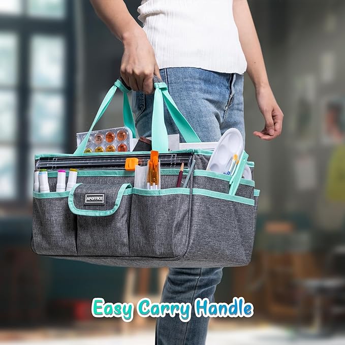 Art Supply Organizer Tote Bag – Craft Caddy with Handle, Utility Storage Tote with Multiple Pockets & Adjustable Divider for Stationary, Sewing, Scrapbooking, School, Office, Medical Supplies