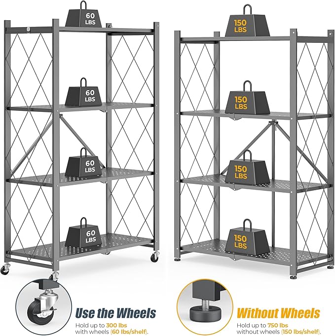 4-Tier Folding Metal Storage Shelf with Wheels, No Assembly Organizer Rack, Heavy Duty Collapsible Shelving Unit for Garage, Kitchen, Basement, Pantry, Living Room(New Upgrade - Gray, 4 Tier)