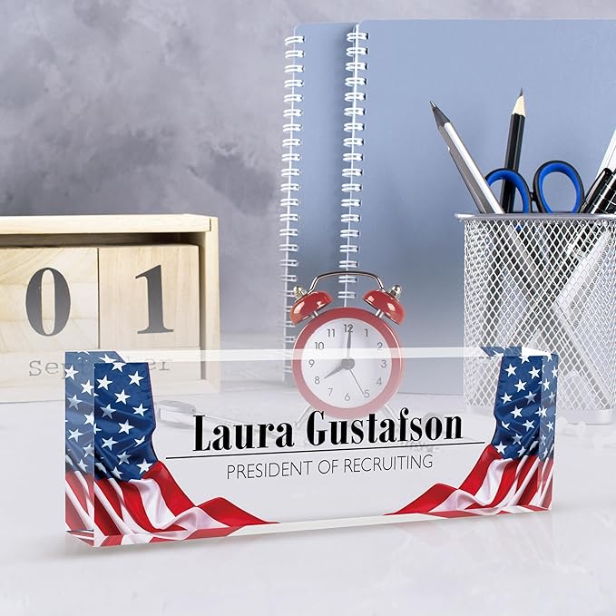 Desk Name Plate Personalized Name Plate for Desk, Office Desk Decor, 3D Style Personalized Plaque Name Plates for Desks Custom Appreciation Gifts for Boss Lady Employee Coworkers (USA Flag)