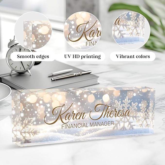Custom Office Name Plate, Personalized Gifts for Women & Men, Appreciation Gifts for Employees, Office Desk Accessory (Shining Snowflake)
