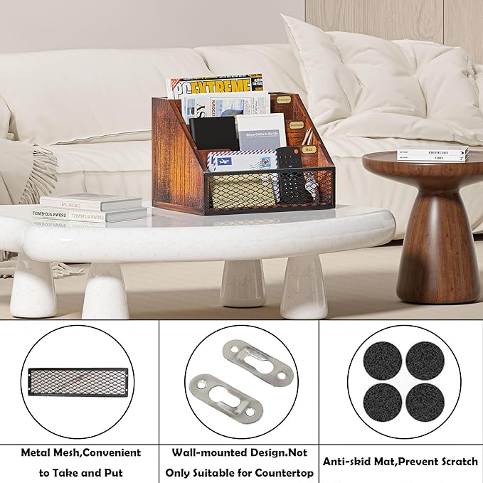 Mail Organizer Countertop,Wooden Mail Holder,4 Slot Letter Holder for Desktop,Vintage Desk Orgaizer for Fill,Bill (Brown)