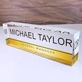Artblox Personalized Name Plate for Desk | Gold Stripe On Clear Acrylic Glass | Custom Desk Name Plate Personalized with Name and Credentials for Teacher Phd Military Office Name Plate (8" X 2.5")