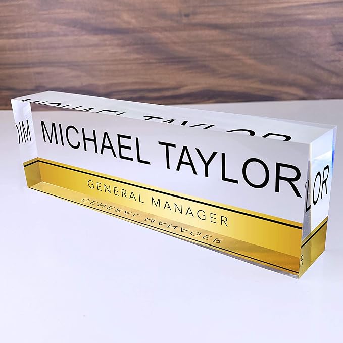 Artblox Personalized Name Plate for Desk | Gold Stripe On Clear Acrylic Glass | Custom Desk Name Plate Personalized with Name and Credentials for Teacher Phd Military Office Name Plate (8" X 2.5")