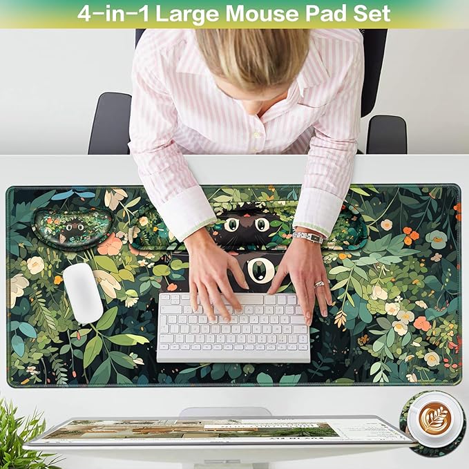 Mouse Pad Anime, Mouse Pad with Wrist Rest, 4-in-1 XXL Large Desk Mat Kawaii Mousepad with Gel Wrist Support Keyboard Wrists Rest Coaster, Ergonomic Gaming Cat Desk Pad, Funny Cute Office Accessories