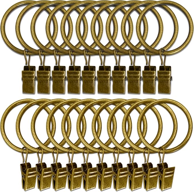 LLPJS 20 Pack Metal Curtain Rings with Clips, Curtain Clip Rings Hooks for Hanging Drapery Drapes Bows, Curtain Rod Rings 1.5 inch Interior Diameter, Bronze