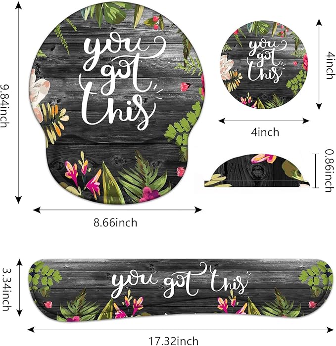 Keyboard Wrist Rest and Mouse Pad Wrist Support Set with Coasters, You Got This Inspirational Quote Wrist Support Mouse Pad with Non-Slip PU Base for Computer Laptop Home Office Working Studying