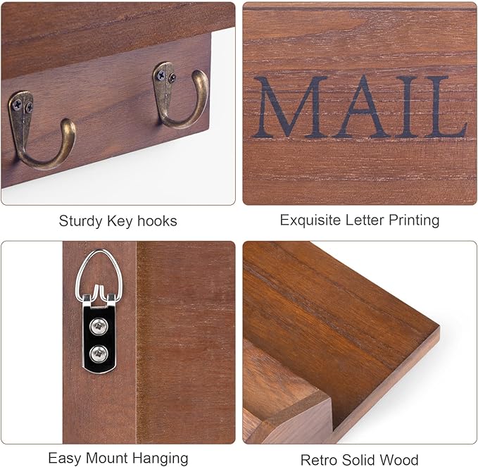 DLQuarts Mail Organizer with Key Holder for Wall Decorative Mail Sorter Wall Mounted, Wooden Mail Holder with 3 Hooks, Dark Brown