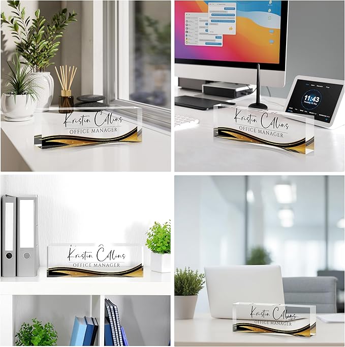 Custom Name Plate for Desk, Personalized Desk Name Plate on Clear Acrylic Glass, Appreciation Gifts for Teacher Employee Boss Coworkers Nurse, Office Desk Accessories for Women Men (Sable)