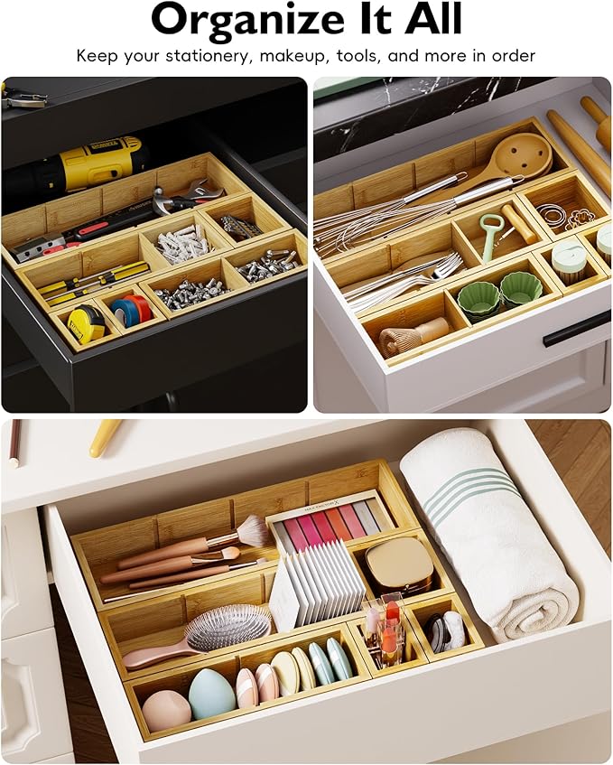 6PCS Desk Drawer Organizer Tray with 12 Compartments – Bamboo Office Storage Boxes Set for Junk Drawer Supplies, Utensils, Cosmetics, Jewelry and More