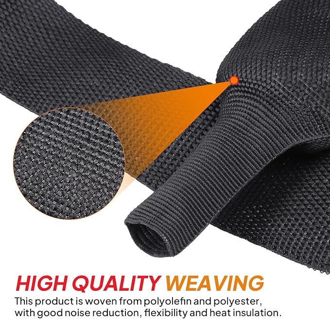 Black 2:1 Ratio Automotive Heat Shrink Braided Sleeving,Wear-Resistant Flat Woven Shrinkable Sleeve Fabric Car Cable Wires Hoses Protection (1/2"-50ft)