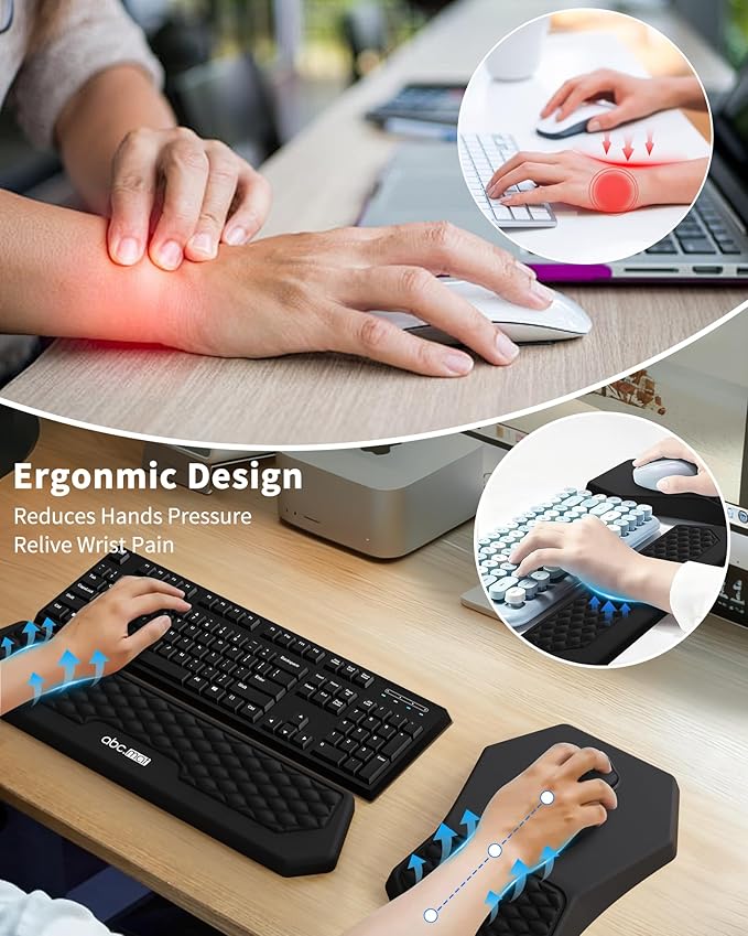 Ergonomic Mouse Pad and Keyboard Wrist Rest Support Set, Massage Design Mousepad for Carpal Tunnel Pain Relief, Memory Foam, Non-Slip PU Base for Computer Desk, Black
