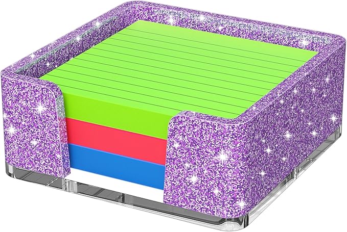 Sticky Note Holder, Glitter Purple Acrylic Notepad Holder 3x3 in Self-Stick Note Dispenser Office Desk Accessories, Memo Pad Holder Organizer for Classroom School Supplies