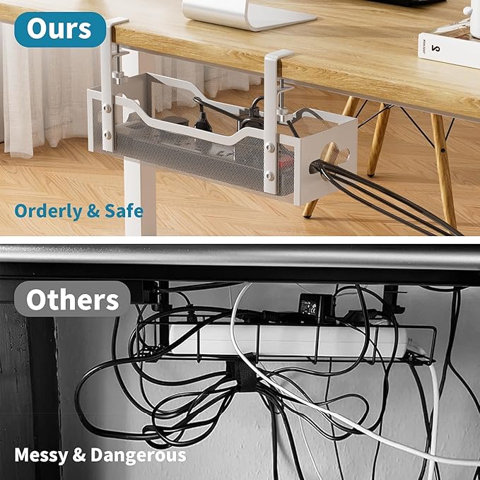 Under Desk Cable Management Tray 3 Pack, Cable Management Under Desk No Drill, Cable Organizer with Clamp for Wire Management, Cord Organizer for Office, Home - No Damage to Table (White)