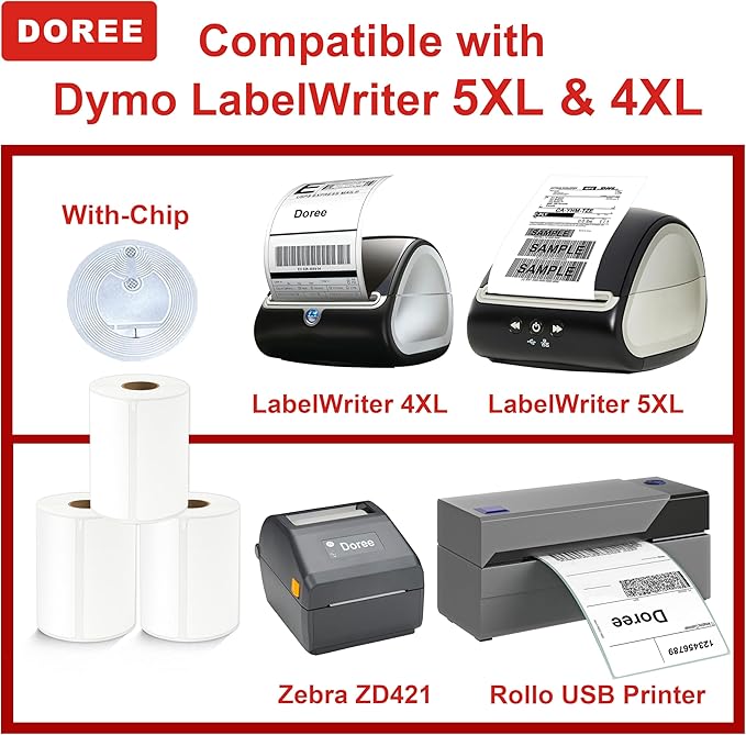 DOREE 4-Roll 4" x 6" Extra-Large Shipping Labels 1744907 with chip, Compatible with Dymo LW 5XL and 4XL Label Printers. (Thermal Shipping Labels, White,4-Rolls Total 880)