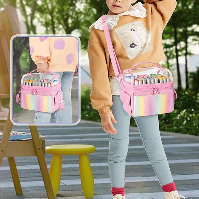 Marker Organizer Case for up to 72 Markers, Marker Storage Bag with Detachable Divider and 3 Extra Pockets, PVC Top Easy Find Your Need, Handle and Shoulder Strap, Pink (Case Only)