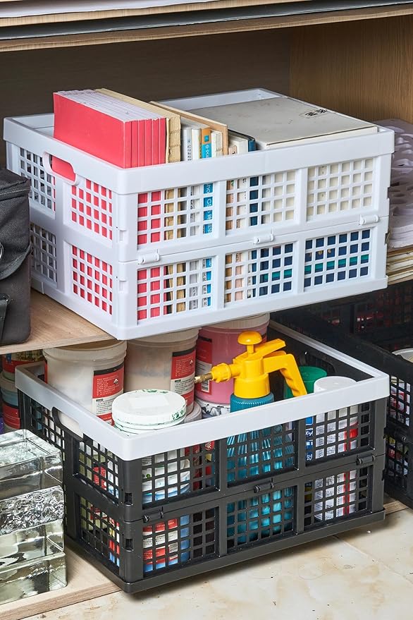 3-Pack Plastic Collapsible Storage Crates-30L,Foldable Plastic Crates for Storage (White)